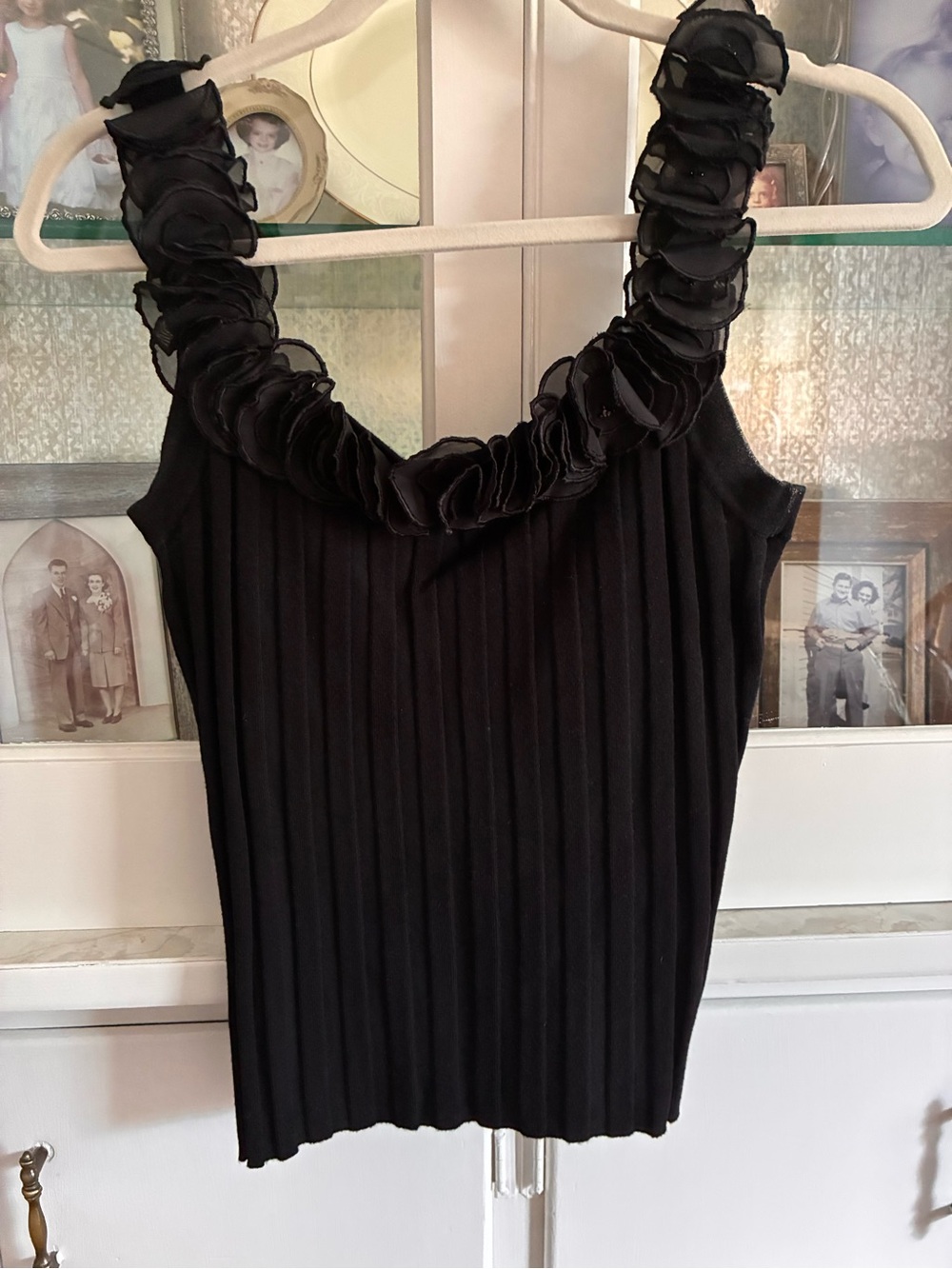 Women's Black Ruffled Neck Pleated Fancy Tank Top